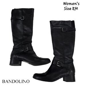 Bandolino Coppa Black Leather Side Zip Knee Harness Riding Boots Women's Size 8M